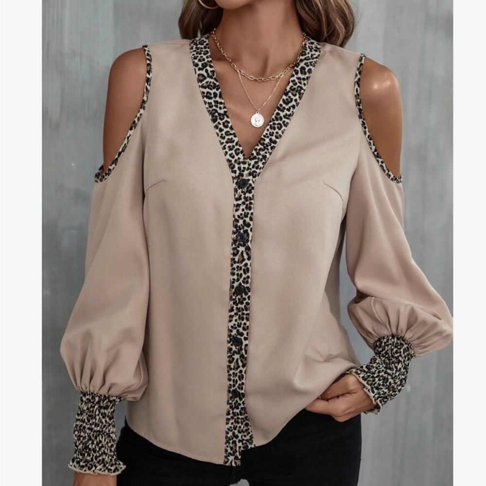 Elegant Leopard Print Smocked Cuff Long Sleeve Top Blouse Button Down Shirt - Picture 6 of 7